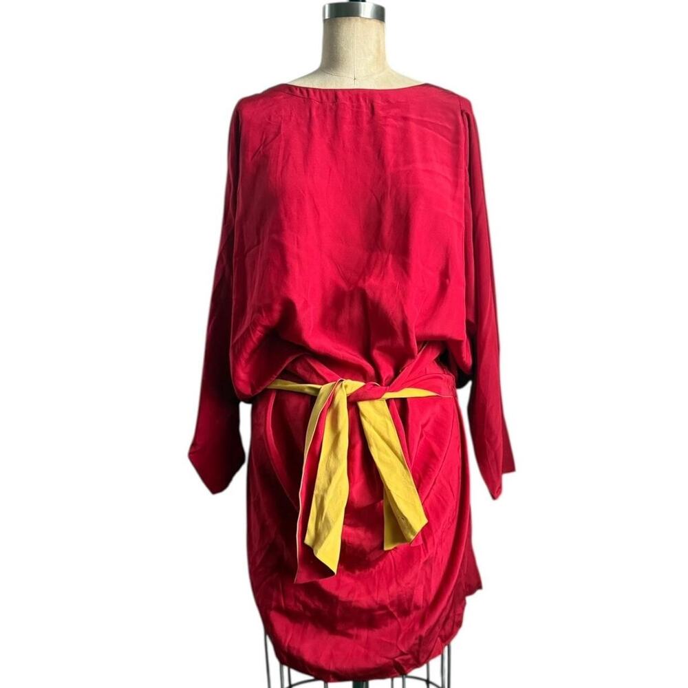 Vintage Red yellow silk 80s doing 20s drop waist dress Size 36